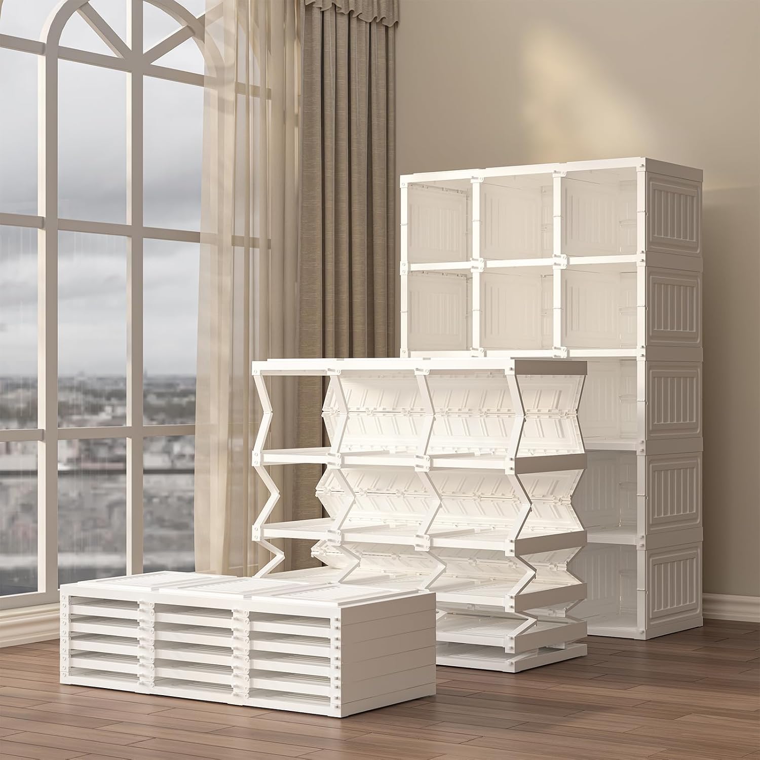 Modules de la garde-robe ANTBOX dépliés, en cours de pliage et repliés à plat